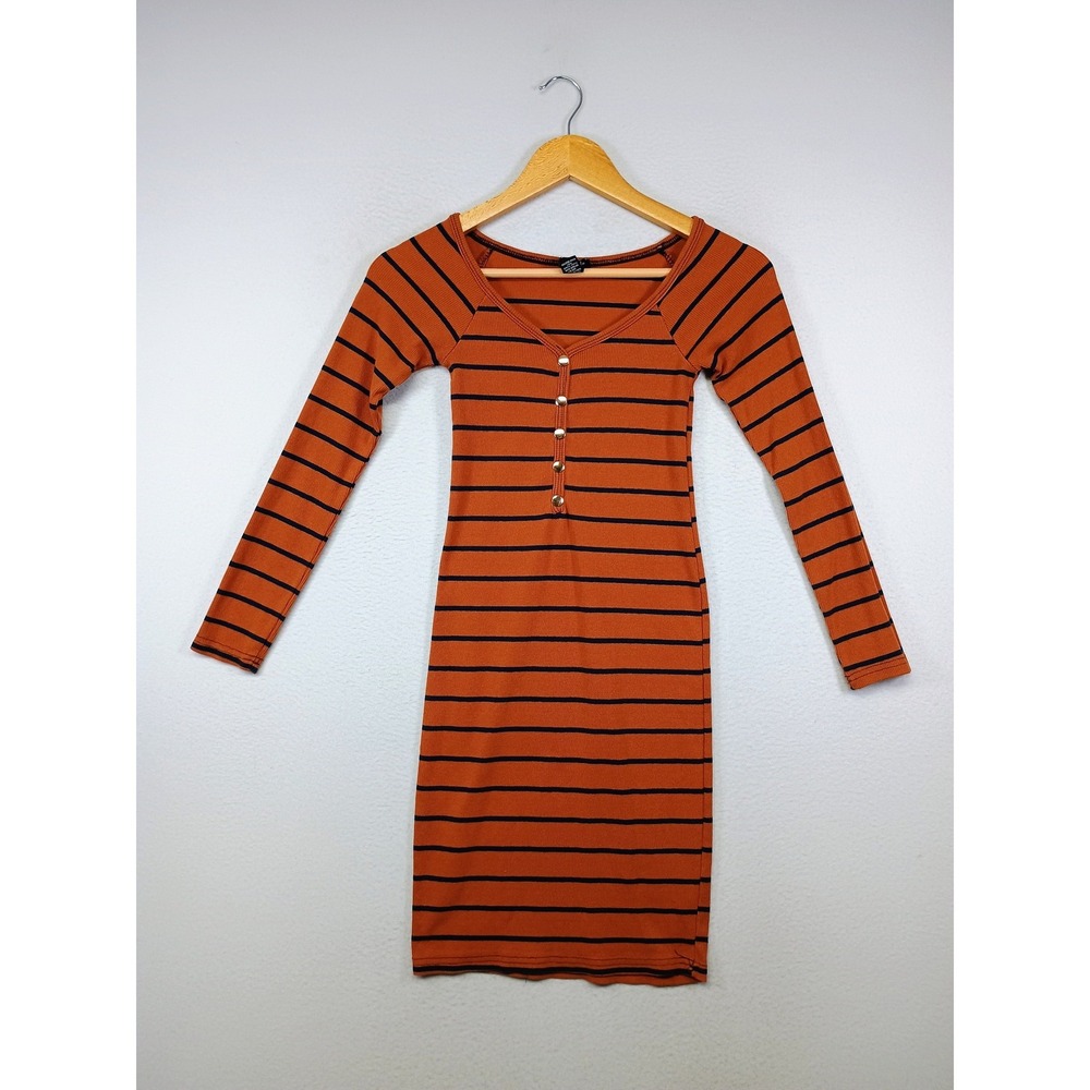 Autumn rue21 Womens XS Orange Striped Ribbed Knit Henley Long Sleeve Mini Dress